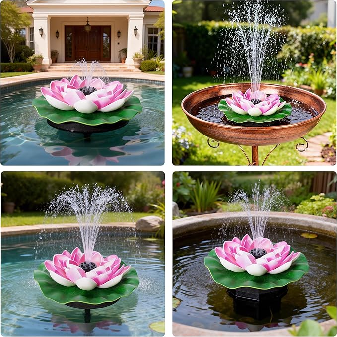 Solar Fountain Pump, 2W Solar Bird Bath Fountain with 7 Spray Nozzles & Detachable Lotus Design, Floating Solar Water Pump for Garden, Pond, Patio, Pool, Outdoor Decor