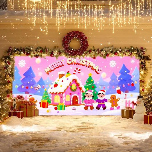 IVN Christmas Garage Door Cover Decoration 13x6ft Gingerbread House Candy Village Pink Snow Scene Merry Christmas Garage Door Banner Home Door Front Yard Decor for Xmas Eve Holiday Outdoor