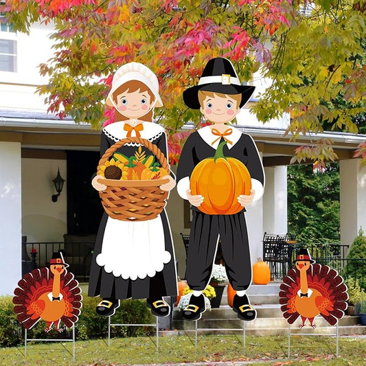 Geetery 4 Pieces Thanksgiving Outdoor Decorations Fall Yard Stake Scarecrow Pilgrim Pumpkins Porch Sign with Stake Autumn Harvest Garden Decor for Outside Lawn Decoration 32.28 x 10.47 Inch(Pilgrim)