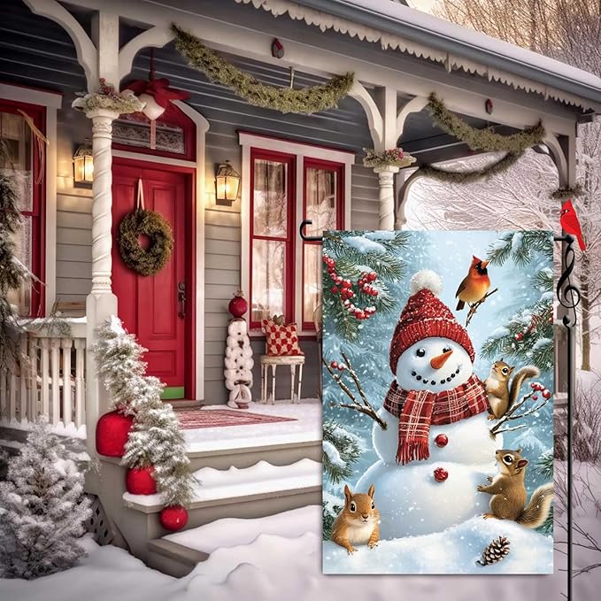Winter Garden Flags for Outside 12x18 Double Sided, Burlap Holiday Farmhouse Rustic Squirrel Snowman Garden Flag Winter Xmas Decorations, Small Outdoor Christmas Flags for Yard Garden