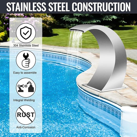 Pool Waterfall Fountains, Stainless Steel Rectangular Pool Waterfall Spillway with Pipe Connector for Indoor/Outdoor Decorative (7.9 Inch)