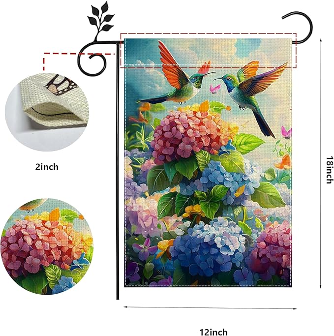 Hummingbirds Hydrangeas Garden Flag 12x18 Inch Double Sided Burlap, Spring Summer Welcome Colorful Floral Yard Decor, Farmhouse Outdoor Flag