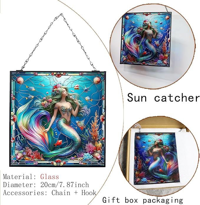 Mermaid Stained Glass Window Hanging Sun Catcher Halloween Haning Ornament Decoration Christmas Birthday Gifts for Lover and Mother's Day 20cm/7.87inch