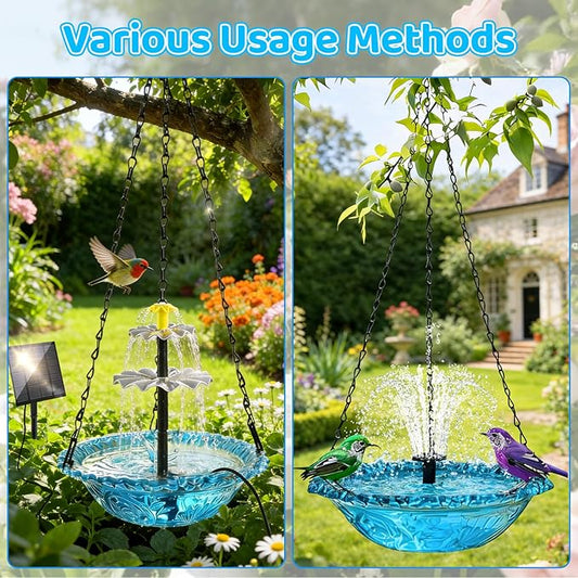 Hanging Solar Bird Bath Fountain, 3 Layers Outdoor Cascading Bird Bath with Solar Pump, 3 Nozzles & Blue Glass Bowl, Attracts Wild Birds for Garden, Backyard, Pergola