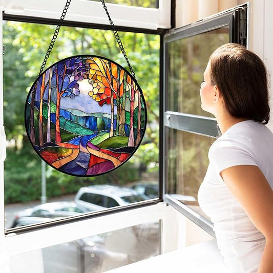 DASTOLL Stained Glass Window Hanging, Colorful Forest Landscape Tree Suncatcher for Doors Window Home Abstract Sun Catchers Decoration Mother's Day Birthday Gifts for Women, Men, and Mom 6.3 in