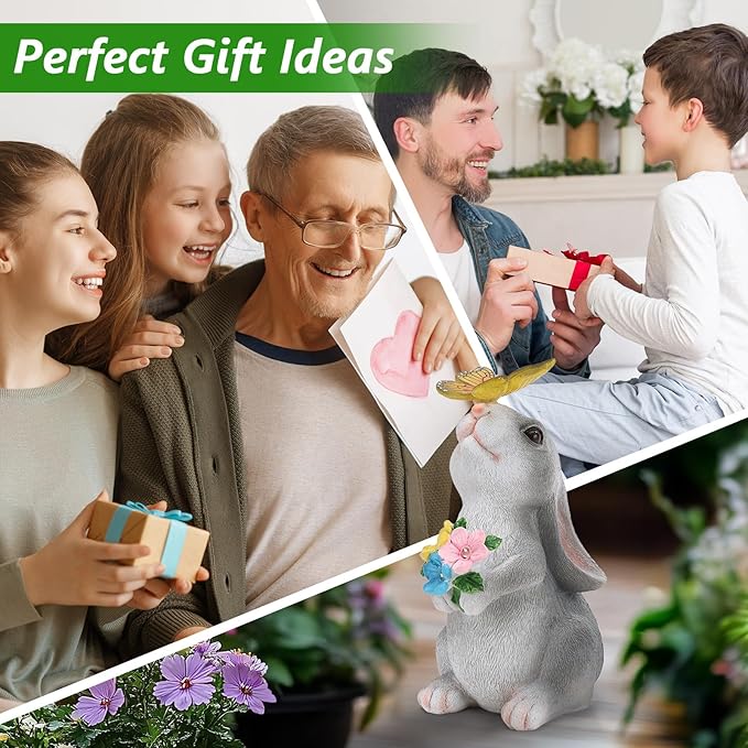Solar Garden Decor Bunny with Flowers Statues Outdoor, Outdoor Figurine Statue Lights, Outdoor Garden Yard Lawn Patio Decoration, Unique House Warming Birthday Present for Women Family