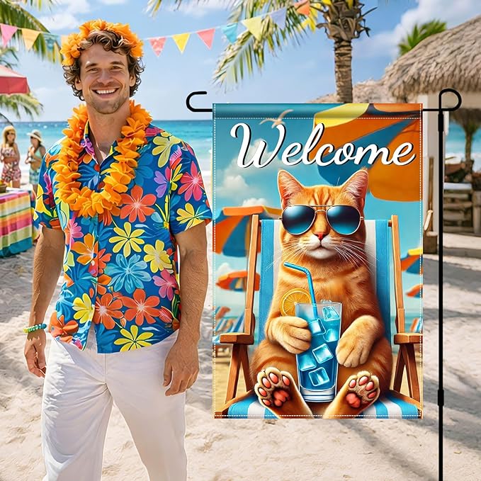 HOMETITUTE Hello Summer Beach Orange Cat Garden Flag 12×18 Inch Double Sided Summer Coastal Seasonal Tropical Pool Yard Flag Summer Cat Garden Flags Tropical Ocean Sea Outside Outdoor House Decoration