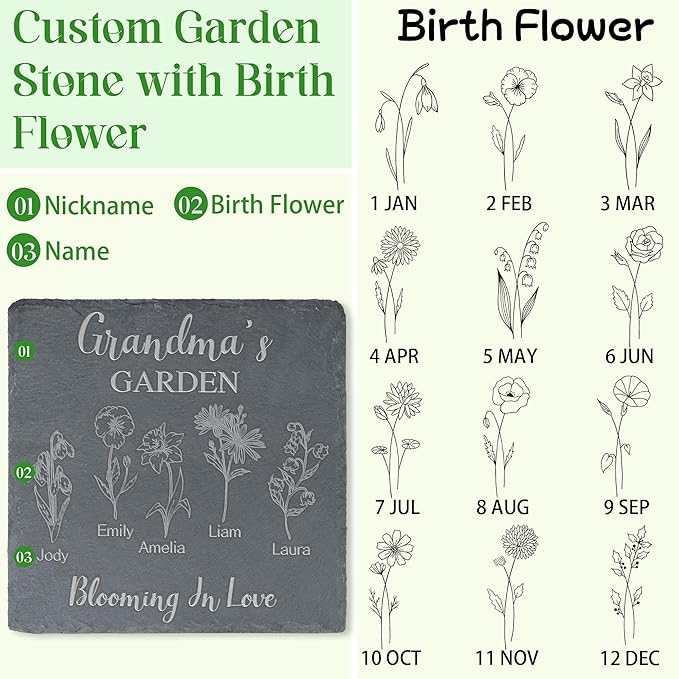 Personalized Garden Stone with Birth Month Flower Personalized Gifts for Grandma, Mom, Her, Women - Gifts for Mothers Day, Birthday, Christmas, Valentines - Birth Flower Garden Gift