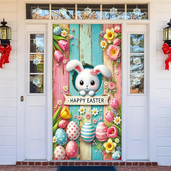 Happy Easter Door Cover Decoration Easter Eggs Bunny Door Banner Backdrop Photography Welcome Spring Outdoor Indoor Home Decors Supplies Party Decorations 70.8 x 35.4 inch