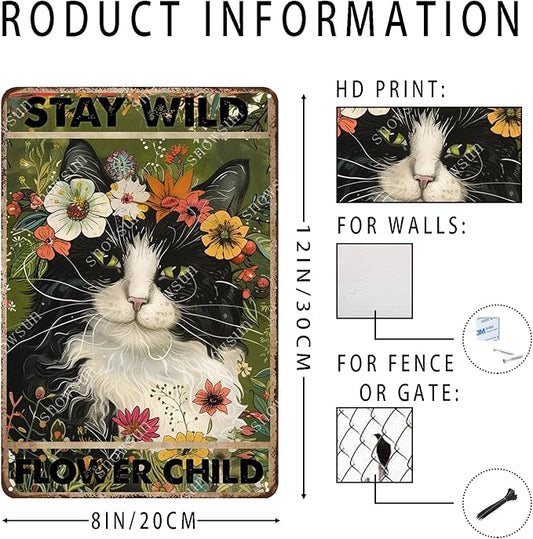 snowsun Vintage Metal Signs Cat Stay Wild Flower Child Funny Tin Sign Home Decor Wall Plaque for Living Room Bedroom Garden Yard Cafe Garage 8×12 Inches
