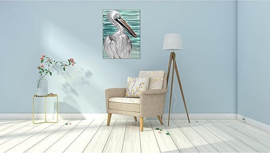SYGALLERIER Metal Wall Art - Handcrafted Pelican Birds on 24x16 inch Aluminum Panel Coastal and Beach Theme - Light Blue Living Room, Bedroom, Bathroom Decor