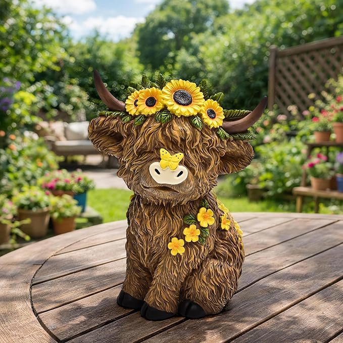 TISEJOY Highland Cow Decor 8", Highland Cow Statues for Garden Decor, Outdoor Indoor Table Desk Decor, Garden Statues for Patio Yard Lawn Windowsill and Backyard, Garden Gifts for Mom, Friends