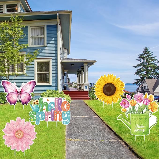 Amyhill 12 Pack Hello Spring Yard Decoration Outdoor Flower Garden Lawn Stake Signs with Stakes Waterproof Spring Garden Decor for Holiday Party Patio Lawn Walkway Outside (Retro Style)