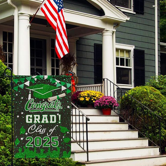 Graduation Garden Flag Class of 2025, Green Congrats Grade Flag for Outside Party Hanging Decorations 12x18 Inch Burlap