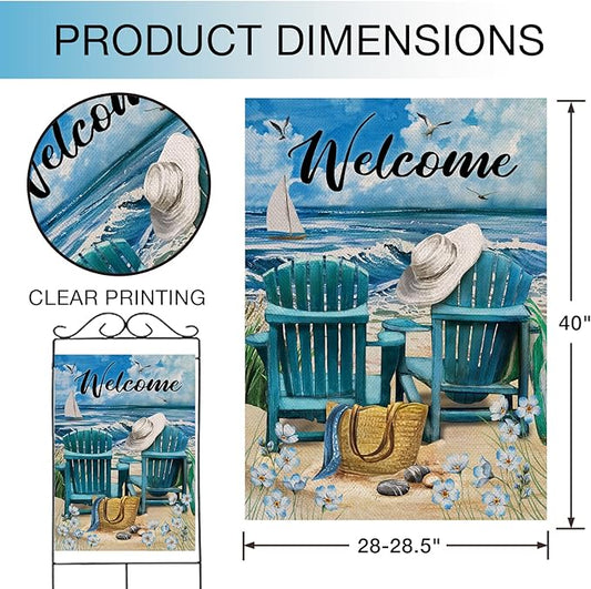 Hzppyz Welcome Summer Beach Coastal Nautical House Flag Double Sided, Ocean Blue Sea Myosotis Sylvatica Chairs Decorative Garden Yard Outdoor Large Decor, Burlap Home Outside Decoration 28 x 40