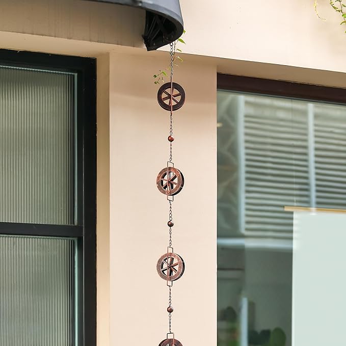 5.7 FT Water Wheel Rain Chains for Outside Bronze Rain Chain for Gutters Garden Decorative Rain Catche Chain Downspout
