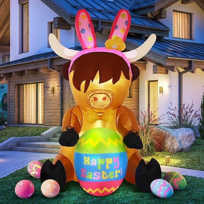 5ft Easter Inflatables Outdoor Decoration Blow up Highland Cow Yard Decor with Built in Light Inflatable Bunny Ears with Egg Weatherproof for Outdoor Holiday Party Yard Garden Lawn