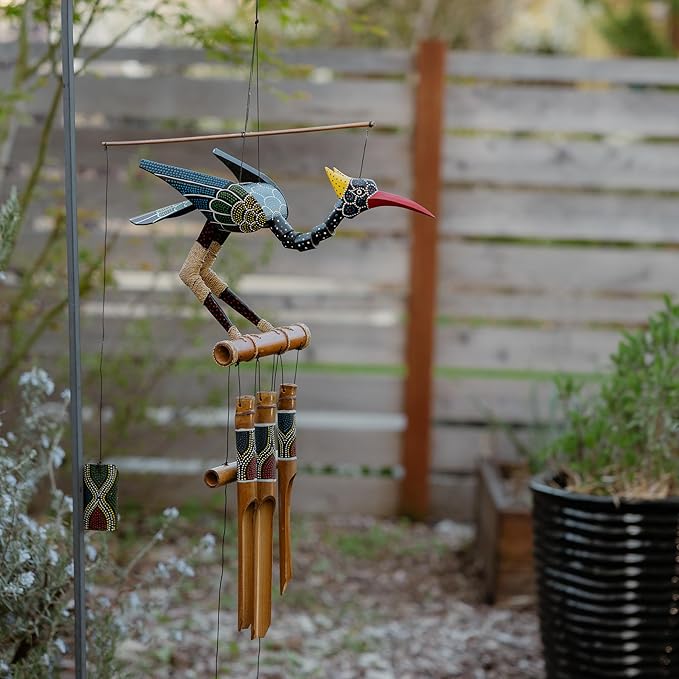 Cohasset Gift & Garden Abby Bobbing Head Bird Bamboo Wind Chime - Unique Outdoor Bird and Rooster Decor, Medium to Large Sized for Outside Spaces, Hand Painted Spotted Design - Rustic Wind Chimes with