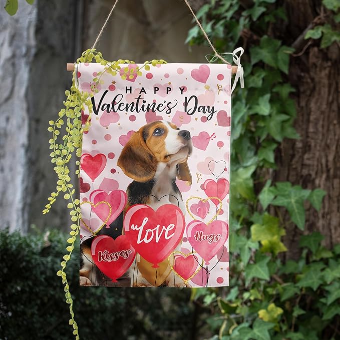Beagle Valentine Garden Flag Valentines Day Flags for Outside 12x18 Double Sided Small Yard Flags Dog Valentine's Day Decor Outdoor Lawn Valentines Banners Front Porch