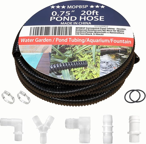 Corrugated Pond Tubing - Flexible, Kinkproof, Reinforced PVC Hose for Water Gardens, Pumps, Waterfalls & Aquaculture (20 Feet Black, 3/4 Inch)