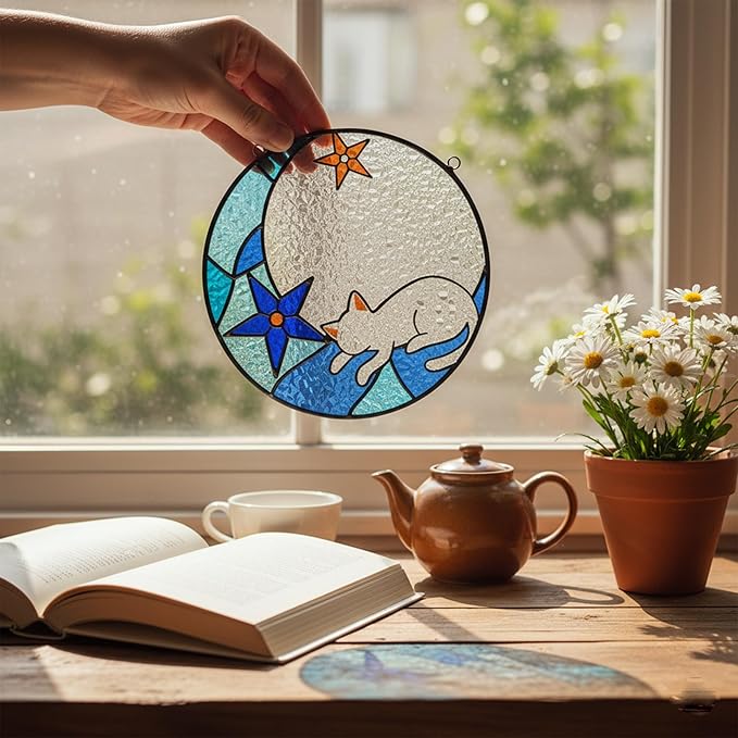 White Cat Stained Glass Window Hanging Ornament, Cat Suncatcher Indoor Wall Art, Boho Cottagecore Moon Kitten Wall Hanging Decorations, Gifts for Cat Lovers, 5.9''