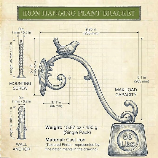 Z metnal Cast Iron Plant Hanger - Bird Rustic Wall Mounted Hanging Basket Holder for Outdoor Garden, Patio, Porch Decor - Heavy Duty Metal Hook Bracket, Black