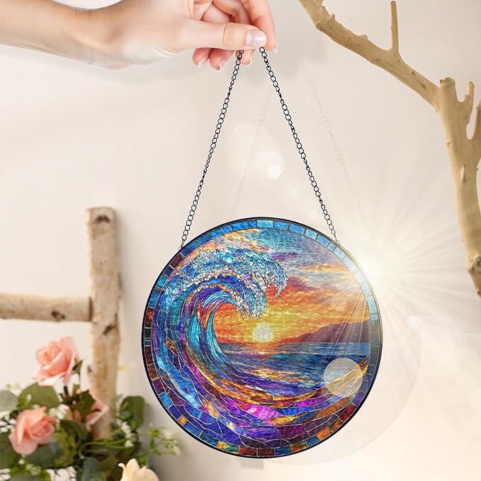 FLAGWIX Beach Gifts for Women Men - Stained Glass Window Hanging 10 in - Beach Decorations for Home, Sun Catchers Indoor Window for Ocean Decor, Suncatchers for Windows Hanging, Boho Gifts for Women