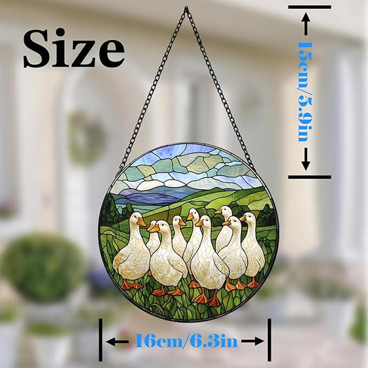 Stained Glass Window Hanging White Ducks Suncatcher Colored Glass Suncatcher for Indoor Garden Decoration Christmas Home Decor Gift for Women Men Wife Aunt and Mom (6.3x6.3in)