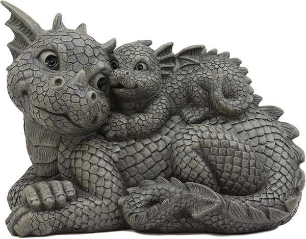Ebros Whimsical Piggyback Dragon Family Statue 10.25" Long Faux Stone Resin Finish Mother and Baby Animated Dragons Welcome Guest Greeter Decor Figurine