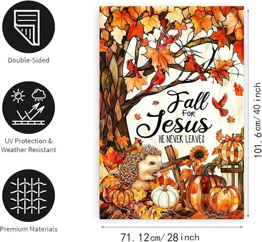Stained Glass Autumn House Flag Fall for Jesus He Never Leaves Banner Religious Thanksgiving Pumpkin Yard Signs 28x40 Double Sided Outside Halloween Cardinal Garden Decor Outdoor