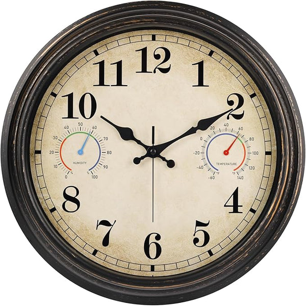16 Inch Large Outdoor Clock with Thermometer and Hygrometer Combo, Waterproof Indoor Outdoor Wall Clocks for Patio, Pool, Garden, Backyard Decor- Retro Bronze
