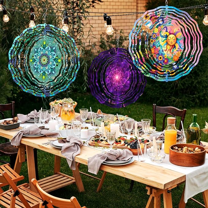 WIRESTER Hanging Wind Spinner 8 Inch, Metal 3D Wind Sculpture Ornament Decoration for Home Yard Garden Patio Balcony Indoor Outdoor - Teal Blue Green Mandala Vintage