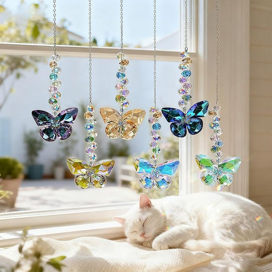 HDCRYSTALGIFTS 6PCS Crystal Butterfly Suncatchers for Window Hanging Ornaments, Rainbow Maker Sun Catchers Indoor Window Wedding Garden Home Decor Glass Ornaments for Christmas Tree Gifts