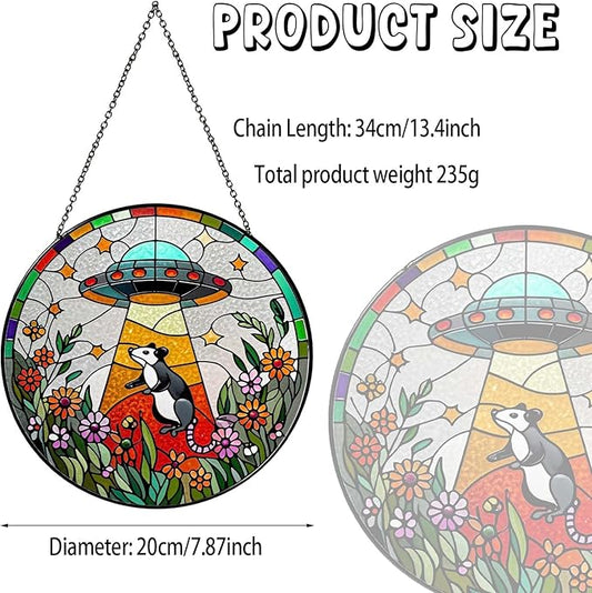 Opossum Wildflowers Sun Catcher Stained Glass Window Hanging for Women Funny Gifts for Window Hanging Handmade Sun Catcher Decoration for Garden Home, 7.87inch