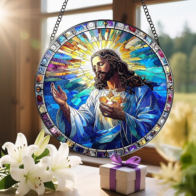 8'' Jesus Christ Suncatcher Ornament, Stained Glass Window Hanging, Christian Home Decor, Religious Decor, Gifts for Christian, Gifts for Christmas, Religious Gift