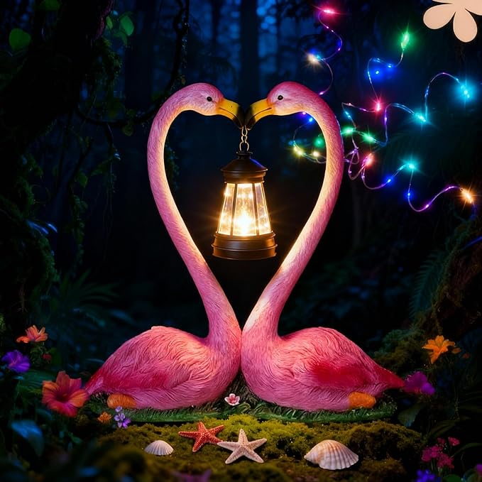 Reallnaive Outdoor Solar Lawn Flamingo Lights for Mom Waterproof Garden Kissing Flamingo Heart Decoration with LED Decoration for Summer Party Favors Gifts Yard Patio Lawn Courtyard Centerpiece Decor