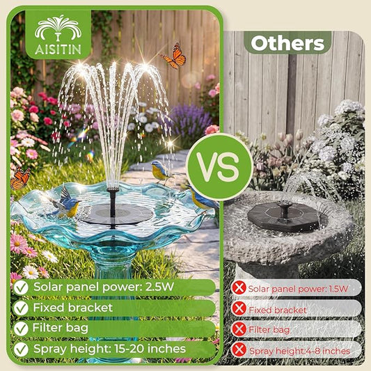 AISITIN 2.5W Solar Fountain for Bird Bath, 2 Pack Solar Water Fountain with 6 Nozzles & 4 Tube Supports, Solar Powered Fountain Pump for Garden, Pond, Pool, Fish Tank, Aquarium Outdoor