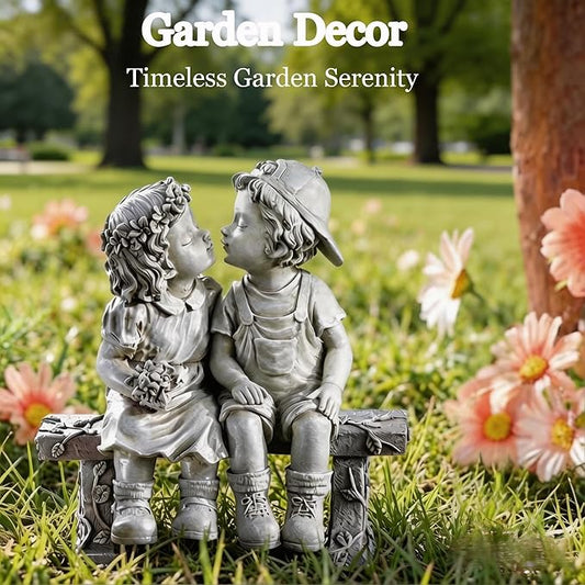 Garden First Kiss Outdoor Statue Decorative, Flower Bed Decor Puppy Love Kissing Couple,Boy and Girl Kissing Garden Figurine for Yard Patio Art
