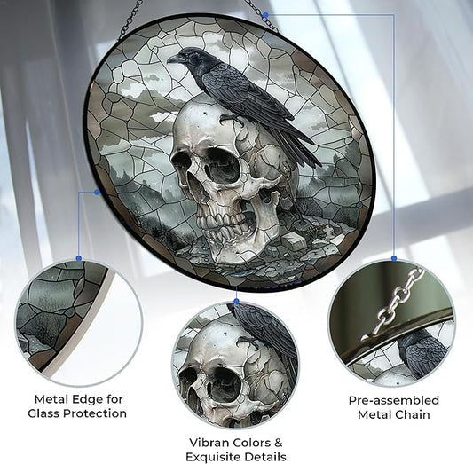 Skull Crow Stained Glass Window Hanging Suncatcher 12" Glass Panel with Metal Chain Sun Catchers Wall Art Home Decor Gift for Women Mother's Day
