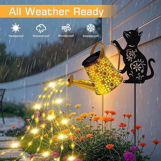 ZFNN Solar Garden Decor Lights, Outdoor Waterproof Solar Watering Can with Cascading Lights, Metal Cat Silhouette Stake Yard Art for Outside Lawn Patio, Unique Gardening Gifts for Women Mom