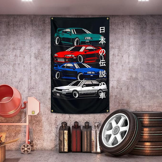JDM Japanese Car GTR Flag 3x5 ft Fans Wall Tapestry Huge Garage Room Decor Heavy Duty 150D Polyester Wall Tapestry Poster Decor