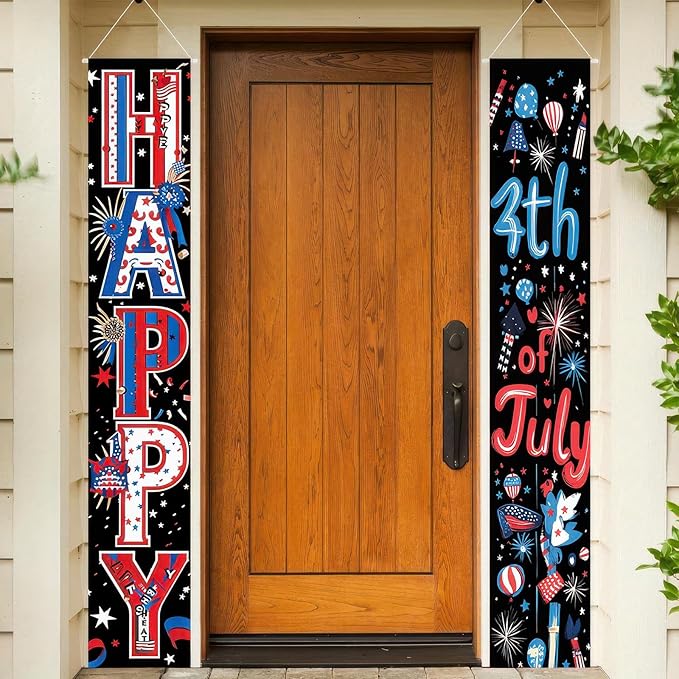 BlissYard 4th of July Decorations 2Pcs Patriotic Decor Door Banner American Flag USA Banners Hanging Porch Signs for Memorial Veterans Labor Independence Day for Front Decor Yard Indoor Outdoor Supplies
