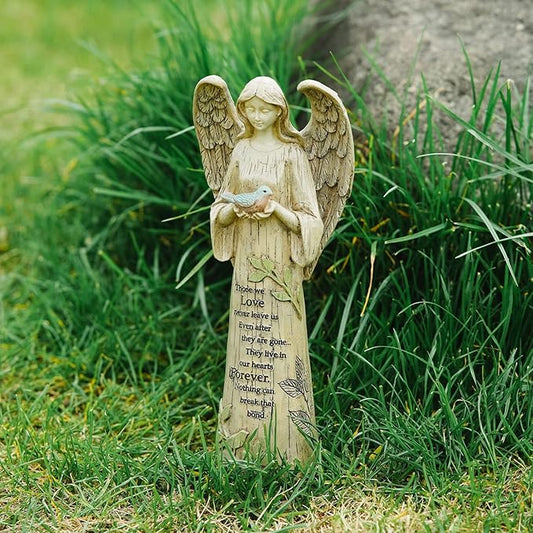 Topadorn Angel Statue Decoration for Garden & Home, Standing Angel with Bird Memorial Resin Figurine Sculpture Ornament, Waterproof Antique Stone, 10''H