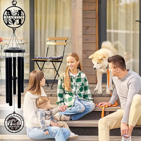 Personalized New Home Wind Chimes, 37" Large Deep Tone Wind Chime with Custom Name & Initial Metal Sign, Housewarming Gift for New Homeowners Couples, Established Date, Outdoor Garden Patio Decor