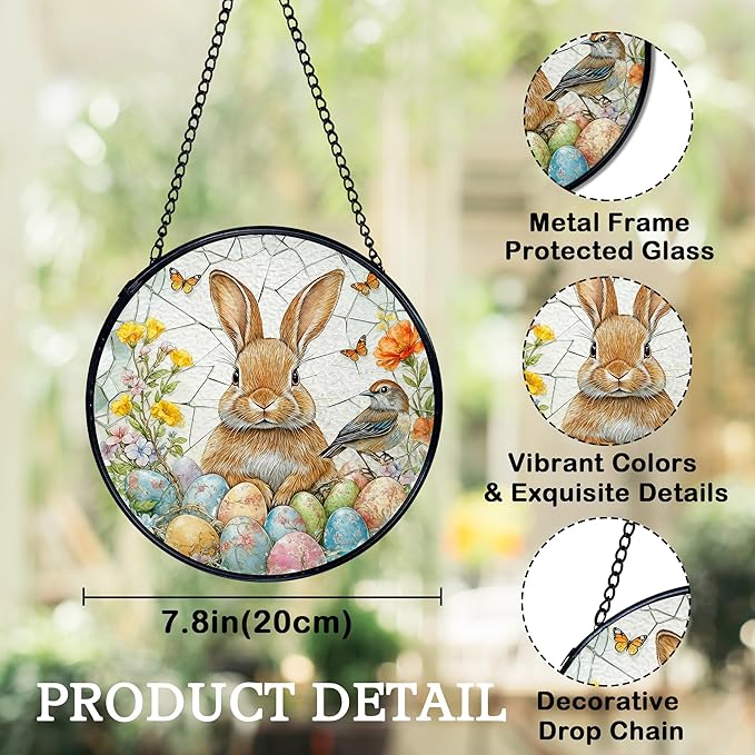 Easter Egg Bunny Bird Suncatchers Stained Glass Window Hanging, Easter Bunny Decor Sun Catchers Indoor Window Glass Round Wall Decor, Rabbit Wall Hanging Decorations, 7.9x7.9in