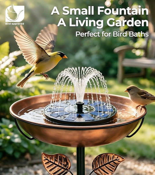 Solar Bird Bath Fountain Pump 6.3" Larger Size, 7V 1.4W Floating Solar Fountain, 5 Spray Patterns Water Pump for Bird Bath, Pond, Garden & Outdoor Water Features