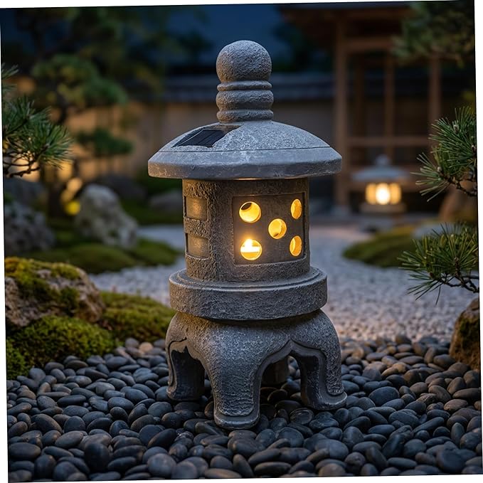 Japanese Garden Decor Solar Pagoda Light, Outdoor Stone Finish Pagoda Garden Statue with Auto On/Off for Patio Yard Japanese Decor, Statue, Outdoor Statues, Sta
