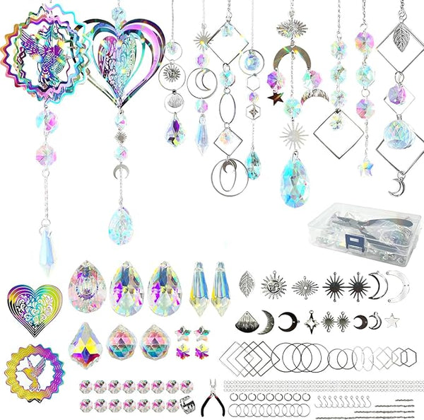 SNAIL GARDEN 202PCS Crystal Suncatcher Kit with 3D Wind Spinners,DIY Suncatcher Kits for Adults,Rainbow Window Prism Hanging Crystals,Colorful Ornament Pendant Window Charms for Garden,Car,Bedroom