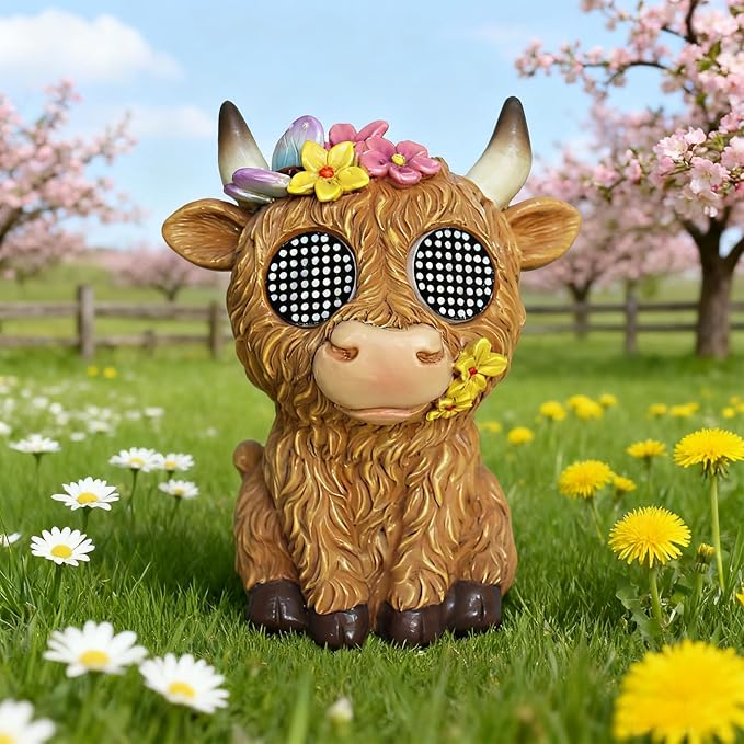 Solar Highland Cow Garden Outdoor Statues,Animals for Garden Decor with Moving Led Eyes,Lawn Decor Animal Statues for Patio,Balcony,Yard Ornament - Garden Gifts for Mom Grandma (Highland Cow)