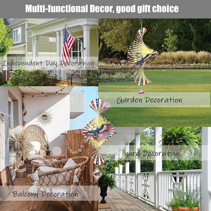 American Eagle Patriotic Helix Metal Wind Spinners for Yard and Garden,12 Inch 3D Stainless Steel Hanging Kinetic Yard Art Wind Sculpture Independence Day Decor Outdoor Indoor
